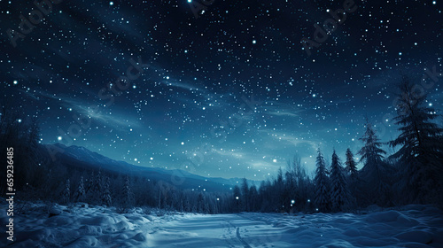 Space with many stars over a forest at night in winter