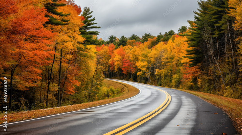 COUNTRY ROAD IN FALL AUTUMN Dramatic, moody scene of rural highway running through beautiful forest landscape. Orange and green foliage colors. Adventure through Canadian territory COUNTRY ROAD IN FALL AUTUMN Dramatic, moody scene of rural highway running through beautiful forest landscape. Orange and green foliage colors. Adventure through Canadian territory