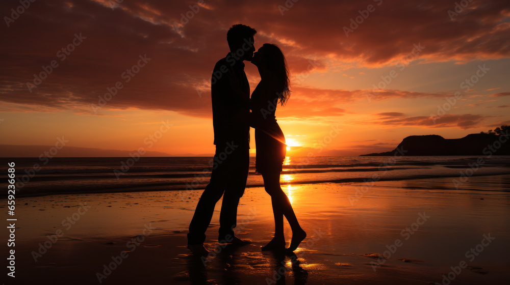 Silhouette of Romantic couple kissing at sunset on the beach Silhouette of Romantic couple kissing at sunset on the beach