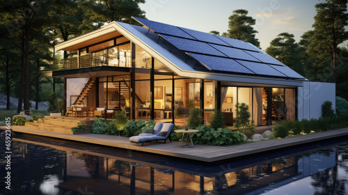 Modern chic house with solar panels on the roof and a pond around it