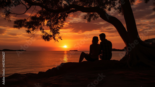 Silhouette of a romantic couple enjoying the sunset on the beach