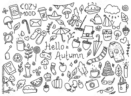 autumn doodle set, vector isolated hand drawn elements