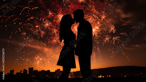 Silhouette of Romantic couple kissing under fireworks on New Year's Eve