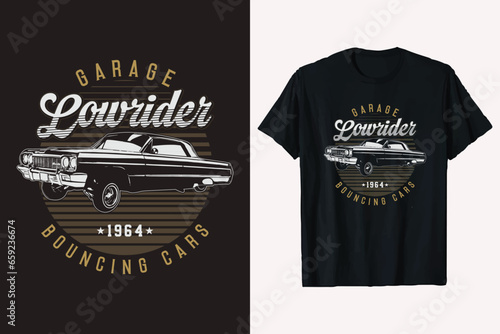 Lowrider Bouncing Car Vector T-Shirt Design Graphic.