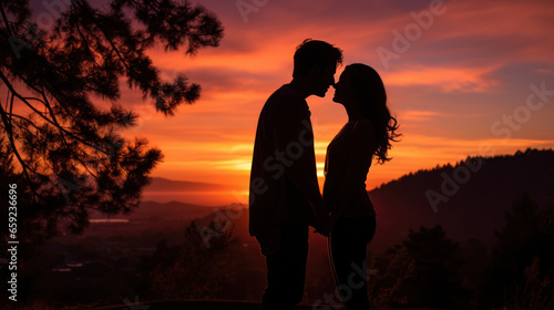 Silhouette of Romantic couple kissing at sunset on the beach