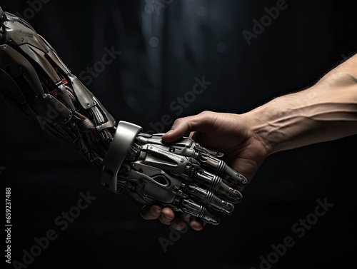 AI-generated close-up illustration of a handshake between a man and a robot. MidJourney. © EAStevens