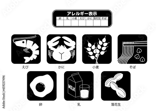 アレルゲンアイコンセット　四角モノクロ