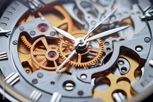 Close up of the gear mechanism inside the watch. Abstract concept of machinery and structures.