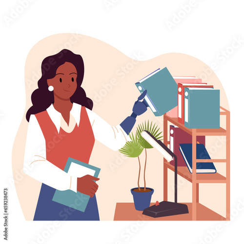 Employee with disability working in office vector illustration. Cartoon isolated scene with young woman putting folders on shelf with prosthesis, accessibility of work for person with special needs