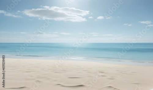 Minimalist background of a pristine, sunlit beach with soft, neutral sand and a calm, azure sea, evoking a sense of relaxation and coastal serenity. Copy space.