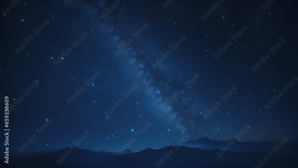 Minimalist composition of a deep, midnight blue sky adorned with a scattering of shimmering stars, invoking a sense of wonder and tranquility. Copy space.