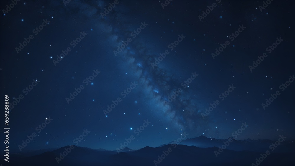 Fototapeta premium Minimalist composition of a deep, midnight blue sky adorned with a scattering of shimmering stars, invoking a sense of wonder and tranquility. Copy space.