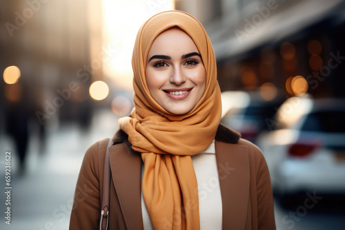 smiling ethnic woman in hijab, street background © Kien