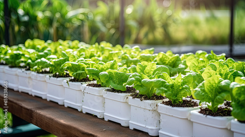 Many kinds of vegetables are in boxes, young and fresh vegetables salad growing garden farm plants