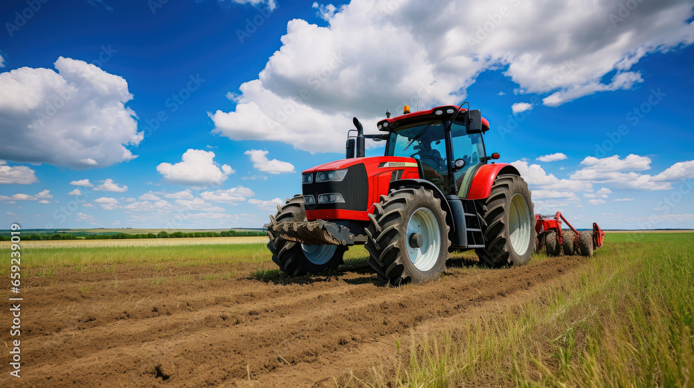 Red tractor plowing cereal field with sky with clouds Red tractor plowing cereal field with sky with clouds