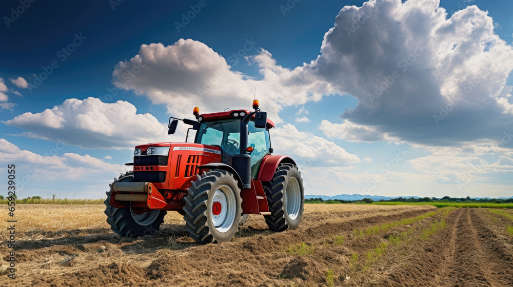 Red tractor plowing cereal field with sky with clouds Red tractor plowing cereal field with sky with clouds