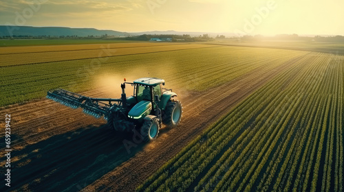 Aerial view of farming tractor plowing and spraying on field photo