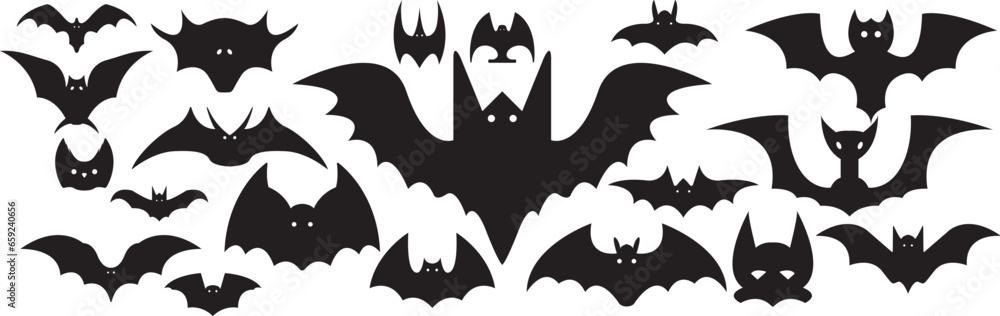 Set of Halloween silhouette bats on white background, flat design vector set of Halloween bat shadows, Halloweens decorative items