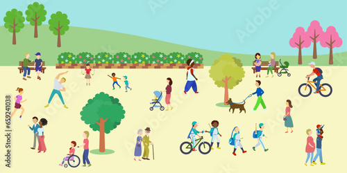 多様な人々が行き交う公園の広場のベクターイラスト