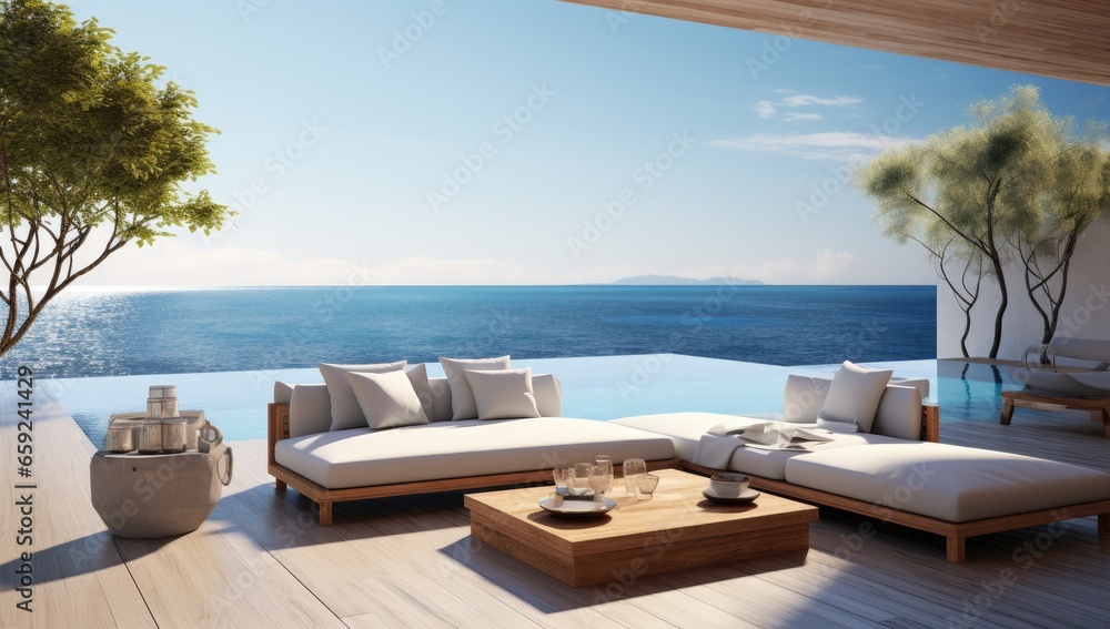 Outdoor lounge area overlooking the sea is shown.