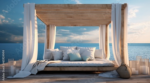 Outdoor bed is sitting by the ocean with no curtains.