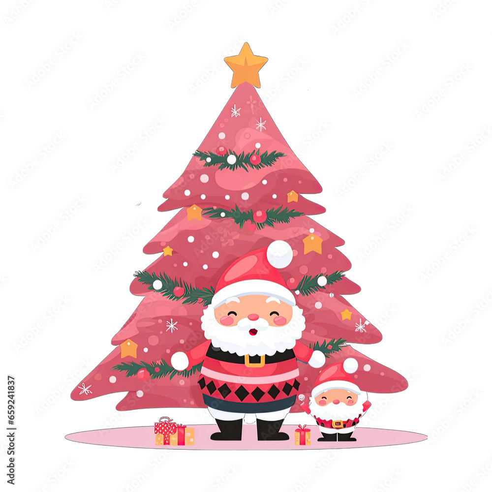 Santa Claus and Pink christmas tree, flat design style, isolated on white transparent background Santa Claus and Pink christmas tree, flat design style, isolated on white transparent background