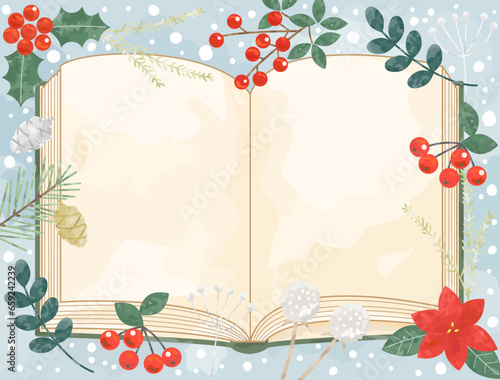 冬の読書をイメージした植物と本を組み合わせたイラスト