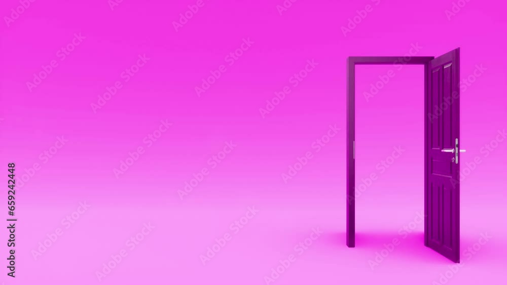Magenta wood door, opening isolated in magenta background, 3D representation, 4K, concept of opportunities, metaphor of new opportunities, 60 fps, on the right side Magenta wood door, opening isolated in magenta background, 3D representation, 4K, concept of opportunities, metaphor of new opportunities, 60 fps, on the right side