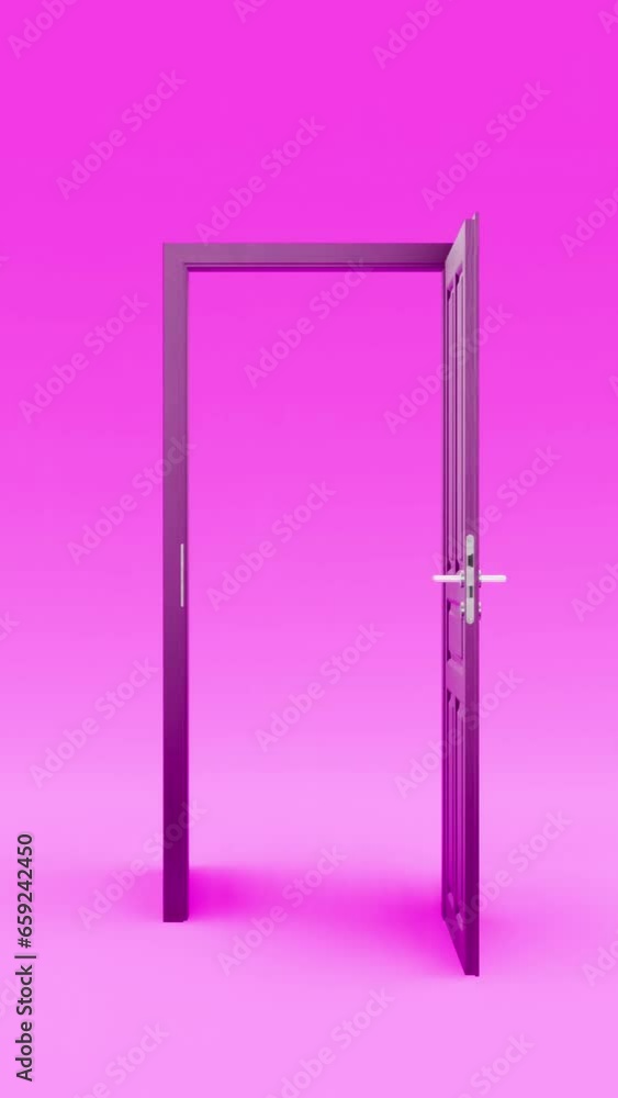 Magenta wood door, opening isolated in magenta, vertical, 2K, 3D representation, concept of opportunities, metaphor for new opportunities, 60 fps Magenta wood door, opening isolated in magenta, vertical, 2K, 3D representation, concept of opportunities, metaphor for new opportunities, 60 fps