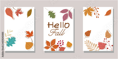 Set of Autumn template. Decorative Autumnal leaflet template collection. Seasonal greeting card. Vector illustraiton.