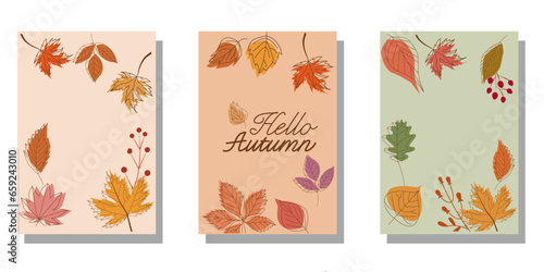 Set of Autumn template. Decorative Autumnal leaflet template collection. Seasonal greeting card. Vector illustraiton.