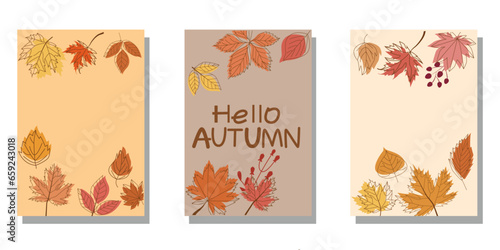 Set of Autumn template. Decorative Autumnal leaflet template collection. Seasonal greeting card. Vector illustraiton.