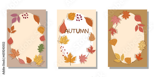 Set of Autumn template. Decorative Autumnal leaflet template collection. Seasonal greeting card. Vector illustraiton.