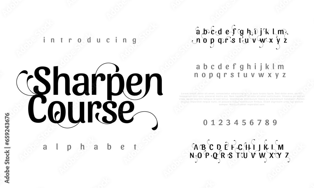 Sharpencourse premium luxury elegant alphabet letters and numbers. Elegant wedding typography classic serif font decorative vintage retro. Creative vector illustration