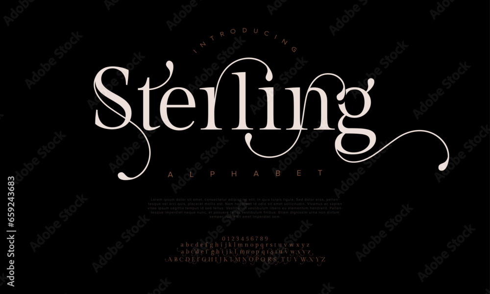 Sterling premium luxury elegant alphabet letters and numbers. Elegant wedding typography classic serif font decorative vintage retro. Creative vector illustration Sterling premium luxury elegant alphabet letters and numbers. Elegant wedding typography classic serif font decorative vintage retro. Creative vector illustration