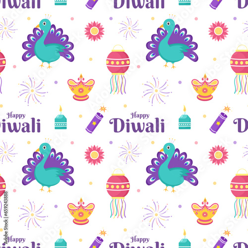 Happy Diwali Seamless Pattern Illustration Design with Light Festival of India Ornament in Cartoon Hand Drawn Template