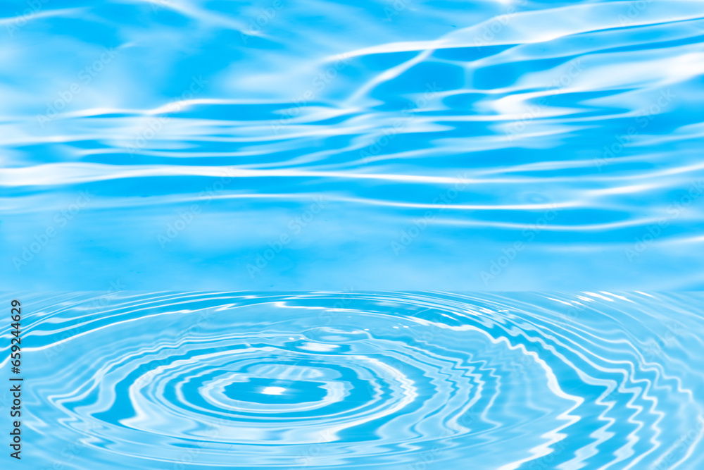 Defocus blurred transparent blue colored clear calm water surface texture with splashes reflection. Trendy abstract nature background. Water waves in sunlight with copy space. Blue watercolor shine. Defocus blurred transparent blue colored clear calm water surface texture with splashes reflection. Trendy abstract nature background. Water waves in sunlight with copy space. Blue watercolor shine.