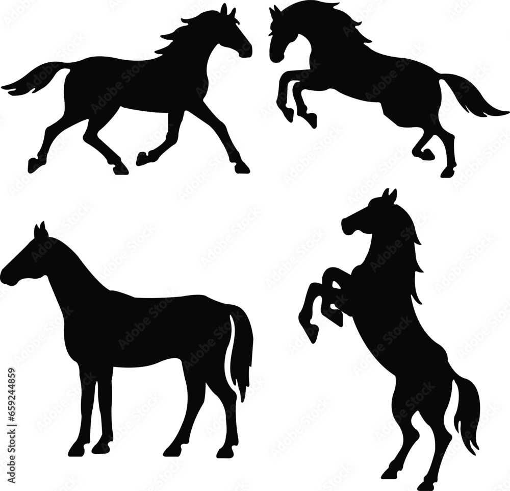 set of Black flat silhouettes of a rearing horses. Prancing stallion pricked up its ears. Vector design element collection for equestrian goods isolated on transparent background. set of Black flat silhouettes of a rearing horses. Prancing stallion pricked up its ears. Vector design element collection for equestrian goods isolated on transparent background.
