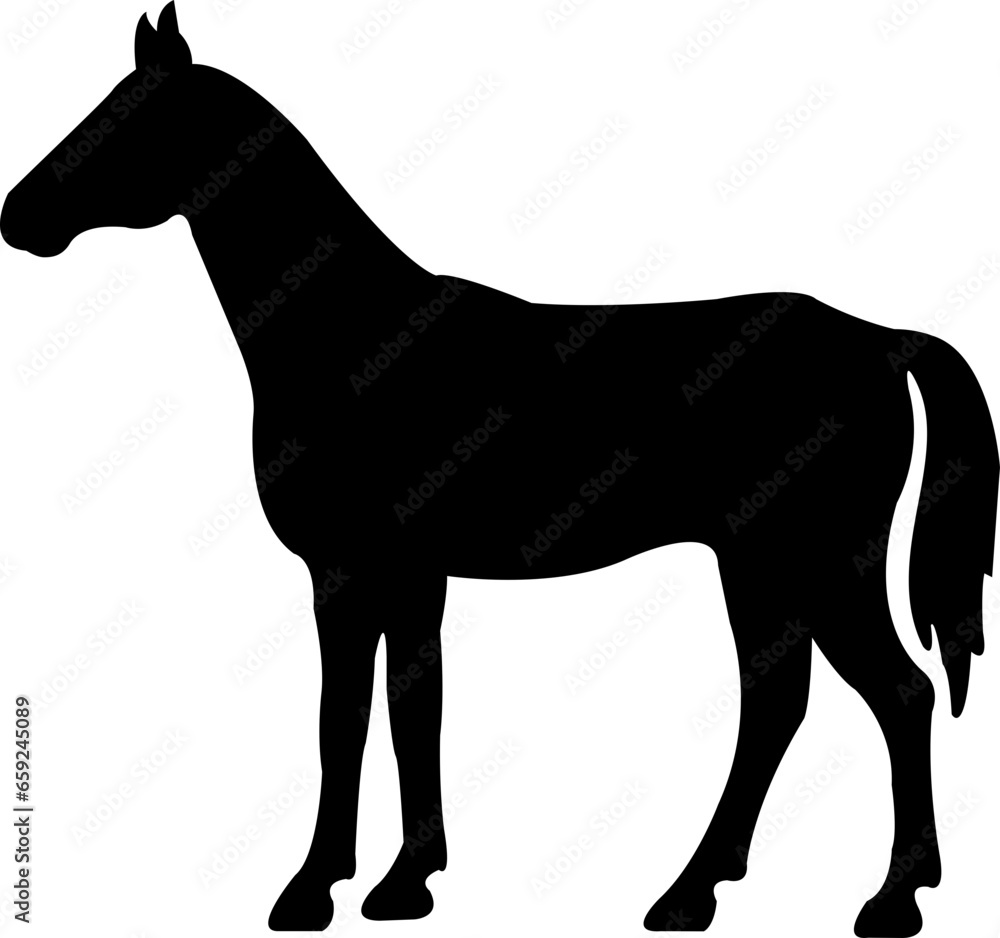 Obraz premium Black flat silhouette of a rearing horse. Prancing stallion pricked up its ears. Vector design element for equestrian goods isolated on transparent background.