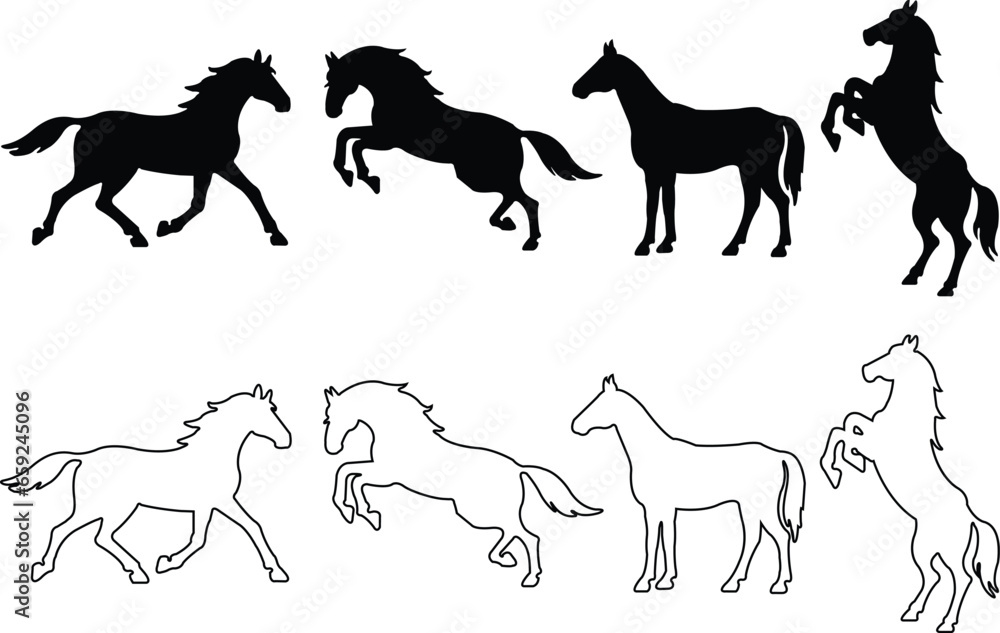set of Black flat silhouettes of a rearing horses with editable stock . Prancing stallion pricked up its ears. Vector design element collection for equestrian goods isolated on transparent background. set of Black flat silhouettes of a rearing horses with editable stock . Prancing stallion pricked up its ears. Vector design element collection for equestrian goods isolated on transparent background.