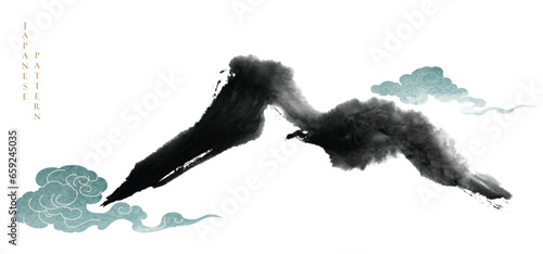 Mountain landscape layout design with Chinese painting in oriental style. Abstract art template with geometric pattern. Japanese background with watercolor texture vector. Cloud element.	
