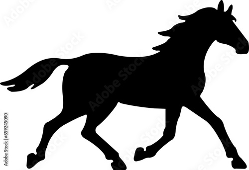 Black flat silhouette of a rearing horse. Prancing stallion pricked up its ears. Vector design element for equestrian goods isolated on transparent background.