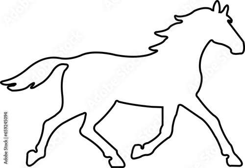 Black line silhouette of a rearing horse. Prancing stallion pricked up its ears with editable stock. Vector design element for equestrian goods isolated on transparent background.