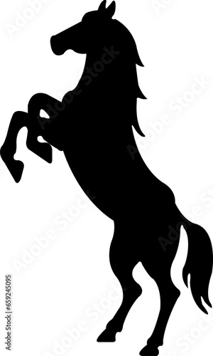 Black flat silhouette of a rearing horse. Prancing stallion pricked up its ears. Vector design element for equestrian goods isolated on transparent background.