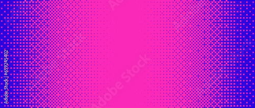 Pixelated bitmap gradient texture. Blue and pink dither pattern background. Abstract glitchy pattern. 8 bit video game screen wallpaper. Wide pixel art retro illustration. Vector horizontal backdrop