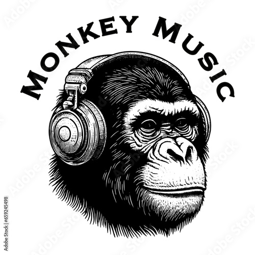 Monkey with headphones. Monkey with headphones in vintage style vector illustration. Hand drawn monkey wearing headphones for t-shirt design, logo, mascot, emblem. Monkey music illustration