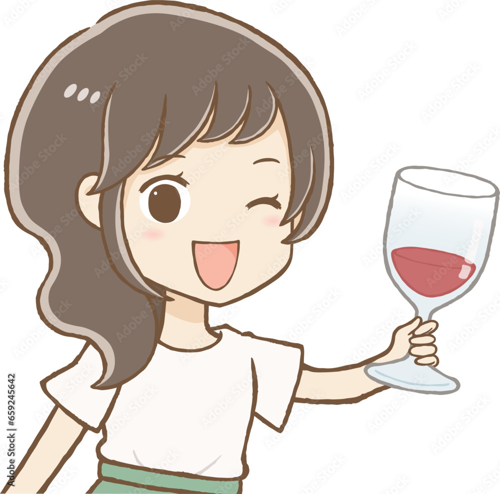 赤ワインの入ったグラスを持つパンツスタイルの女性(上半身) 赤ワインの入ったグラスを持つパンツスタイルの女性(上半身)