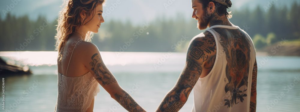 Young happy Scandinavian couple with tattoos hugging on the shore of a mountain lake - obrazy, fototapety, plakaty 
