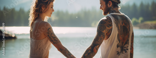 Young happy Scandinavian couple with tattoos hugging on the shore of a mountain lake