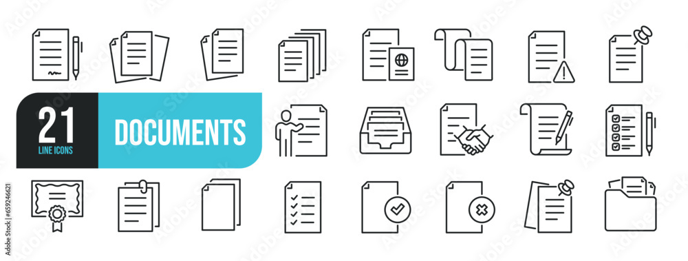 Set of line icons related to documents, contract, passport, resume, archive. Outline icons collection. Editable stroke. Vector illustration. Set of line icons related to documents, contract, passport, resume, archive. Outline icons collection. Editable stroke. Vector illustration.